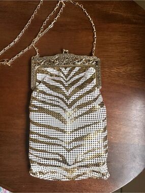 Vintage Whiting & Davis Zebra Mesh Purse Gold White Chevron
